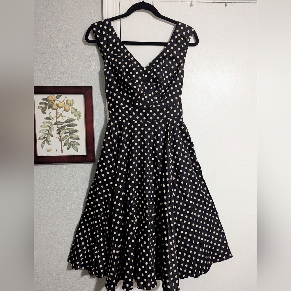 eShakti Black Polka Dot Full A-line Vintage-Style Dress Size 8